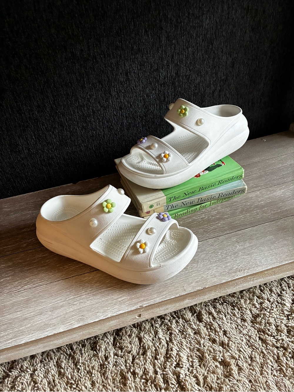 CROCS  Classic Crush White Platform Sandals with Colorful Flower Charms